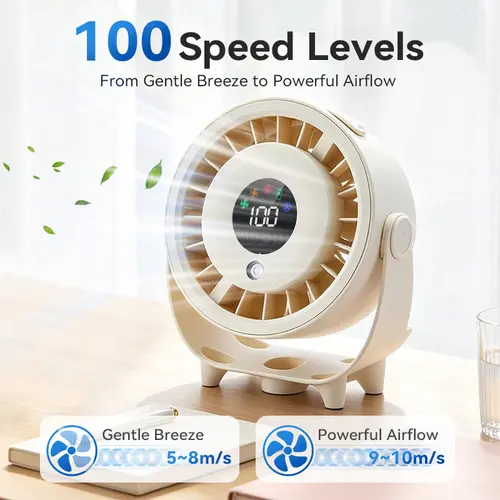 Qawtor Portable Silent Wireless Spray Desktop Fan - 100-Speed Lithium Battery Device with LED Display, Personal Cooling Cordless Quiet Unit for Home, Office, Portable Silent Fan