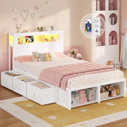 Sikaic Twin Bed Frame with 6 Storage Drawers, 2-Tier LED Headboard & Charging Station, Kids Bed with RGB Lights, 2 Footboard Storage Cubbies, No Box Spring Needed, Home Furniture Christmas Gifts cozy home familyfun [TikTokShopblackfriday]