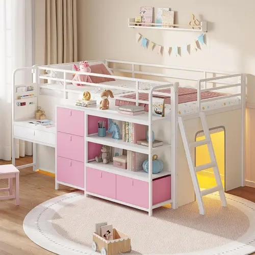 Sikaic Twin Size Low Loft Bed with Desk and 6 Storage Drawers, Bookshelf, LED Lights & Under-Bed Space, Metal Loft Bed Frame with 13.8" High Safety Guardrails, Inclined Ladder & Curtain, Home Furniture Christmas Gifts cozy home familyfun [TikTokShopblackf