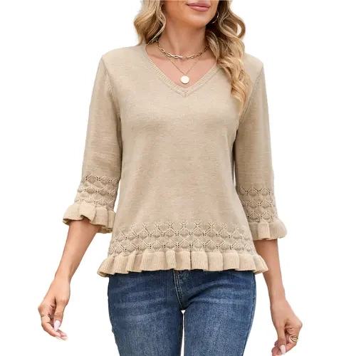 EVALESS Women's High-Stretch Fitted V-Neck Contrast-Trim Eyelet Knit Sweater Top, 3/4 Ruffle Sleeves, Polyester Lightweight Comfy Pullover, Basic Cute Tops for Women, Casual Feminine Knitwear