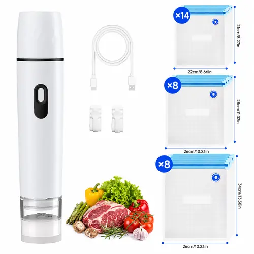 Handheld Cordless Compact Food Vacuum Sealer - Multi-Size BPA-Free Reusable Bags (6/30), 3 Clips, 1-Touch Seal, Rechargeable, Detachable Moisture Tank for Meal Prep, Freezer Use