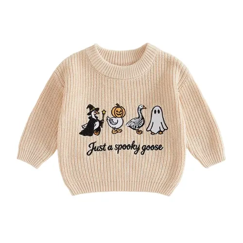 Toddler Baby Little Boy Girl Halloween Sweater Pumpkin Skull Goose Ghost Embroidery Long Sleeve Pullover Unisex Fall Knit Tops 0-7 Years