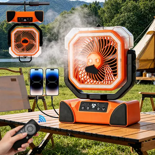Qawtor 2026 Compact Cordless Camping Fan - Rechargeable 20000mAh Portable Fan with LED Light, 360° Hanging Hook, Oscillating Airflow, 8.2 × 4.2 × 10.5 In Size for Tent, RV Emergency Use