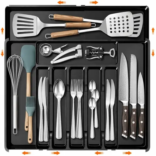 Snofrid Large Collapsible Expandable Silverware Drawer Organizer with Buckle - BPA-Free Kitchen Home Organizer, 6-9 Deep Slots Divided Storage Cutlery Tray, 14.4"-19.5" Long Adjustable Organiser for Spoons, Forks, Knives