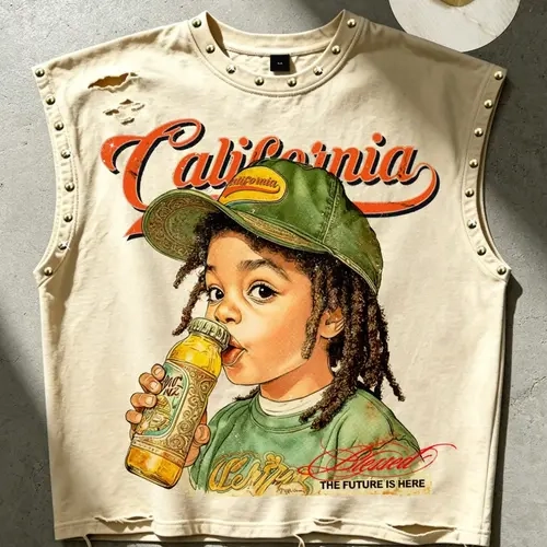 CALIFORNIA children's cotton vest men's and women's same style short version loose hole metal beads cartoon portrait retro style California men's vest street fashion brand hip-hop men's vest Y2K