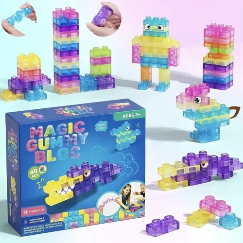 40-Piece Soft Silicone Block Set - BPA-Free Flexible Modular Building Kits, Safe Jelly Blocks, Fidget Squishy STEM Toys for Toddlers 3+ with Stress Relief & Development Benefits, Modular Block