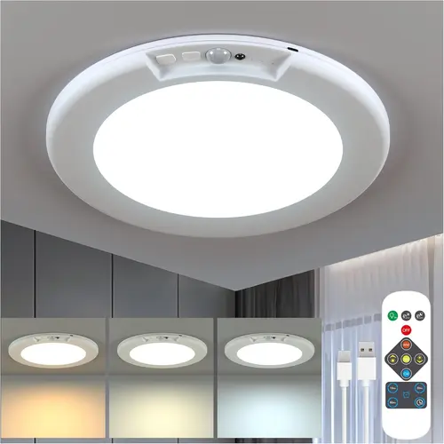 Fall Deals for You,Minimalist Ultra-Thin Rechargeable Magnetic LED Ceiling Light (1pc) - 3 Color Modes, Motion Sensor, Remote Dim Control, Wireless Battery-Operated, Peel-and-Stick No-Drill Renters-Friendly Lamp with 20s Auto Off for Bedroom