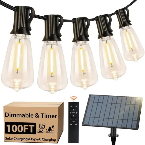 MATULSA Waterproof Solar Outdoor Dimmable LED Lights with Shatterproof ST38 Bulbs, 6h-8h Runtime, Multi-Size Easy Assembly, 100ft-200ft Adjustable Range, Remote Control, Timer, Wall/Ground Hang for Backyard Patio Decor