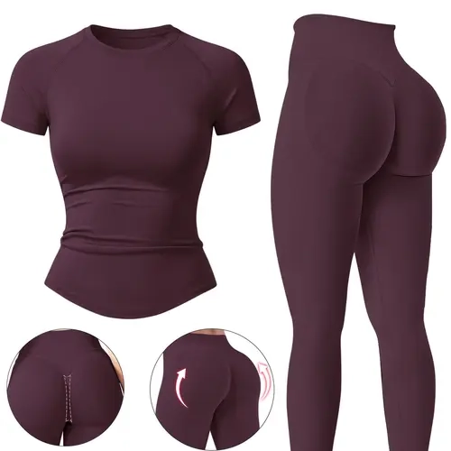 Women's Outdoor Sports Breathable Yoga Set, Casual Quick-Dry Fitness Wear, Tight Fitting Sportswear, Short Sleeve Top and High-Waist Pants, Seamless Sportswear