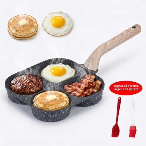 Eco-Friendly 4-Hole Design Nonstick Divided Frying Pan - Die-Casting Technology Aluminium Body, Extended Base, Silicone Strips, Tempered Glass Lid, Fast-Even Heating, Durable, Easy-to-Clean, Space-Saving 4-Cup Cookware for Frying Eggs, Burgers