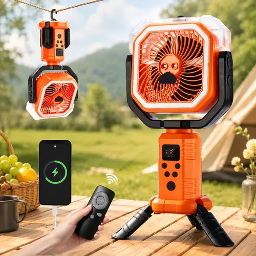 Qawtor Portable Adjustable Rechargeable Camping Misting Fan - 2026 Upgraded, LED Light, Cooling Spray, Tripod, Hanging Hook, Telescopic Stand, Digital Display, Multi-Speed Airflow, Power Bank Mode, USB-A | Outdoor Travel, Personal Use, Outdoor Travel Fan