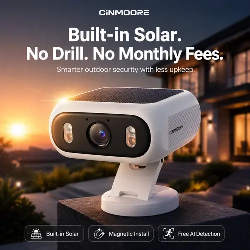 CINMOORE Outdoor Wireless Solar Security Camera, No-Drill Magnetic Design, Built-in Solar Panel & Light, 9000mAh Battery, AOR Recording, Free AI Detection (Human/Vehicle/Animal), Color Night Vision, Dual-Band WiFi, Micro SD Compatible, Supplier Warr.