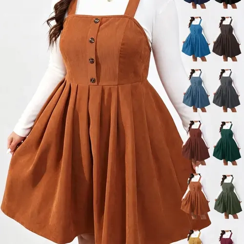 Plus Size Women's Pleated Sleeveless Tank Dress, Vintage Corduroy Square Neck Dress, Fall & Winter Layering Essential, Casual Fitted Style