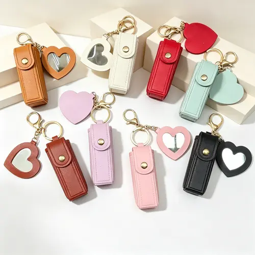 Women's Preppy PU Leather Lip Balm Holder Keychain - Heart Design with Mirror, Compact Casual Fashion Charm, Secure Gloss Storage, Girly Purse Stuffer, Useful Mini Gifts for Teen Girls, Women's Accessories