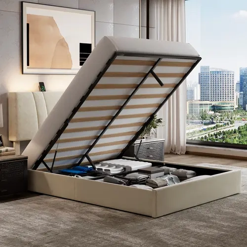 Avenco Upholstered Lift-Up Storage Bed Frame - Queen/Full/King Size, Hydraulic Lift, 3-Level Adjustable Headboard, USB Port Charging Station, LED Light, No Box Spring Needed, Platform Storage Bedframe, Bed Frame With Storage