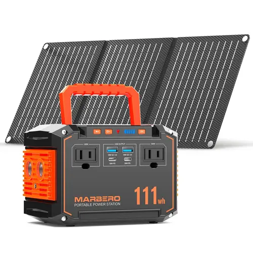 MARBERO 111Wh Lithium-Ion Portable Power Station with 30W 13v-25v Solar Panel, 2x100W AC Outlets (150W Surge), 6 Output Ports, Built-in Flashlight, Solar Charging & Car Charger Adapter for Camping, Power Outages