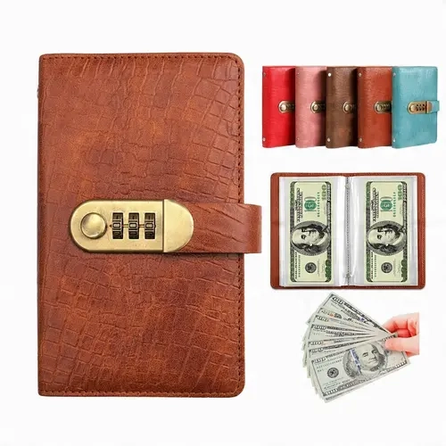 PU Leather Accounting Supplies Money Bag with Password Lock - 100 Transparent Pockets Binder, Durable Construction Enhanced Security Budget Planner for Collectors