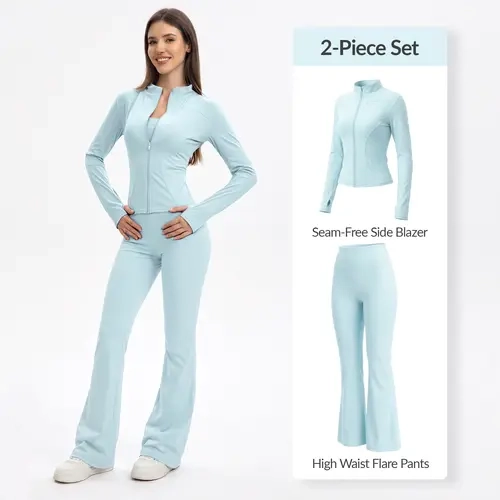 Women's 2-Piece Sculpting Seaming Tracksuit Gym Set - Fitted Soft Stretch Zip-Up Jacket with Thumb Holes, High-Waist Flare Leg Yoga Pants, Workout Wear for Everyday Active Use