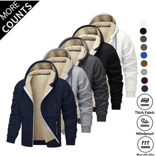 Men's Thick Loose Sherpa-Lined Hooded Fleece Jacket - Full-Zipper, Casual Comfy, Solid Fleece, Polyester, Warm Windproof Outerwear with Pockets for Outdoor Hiking (2XL, 3XL)