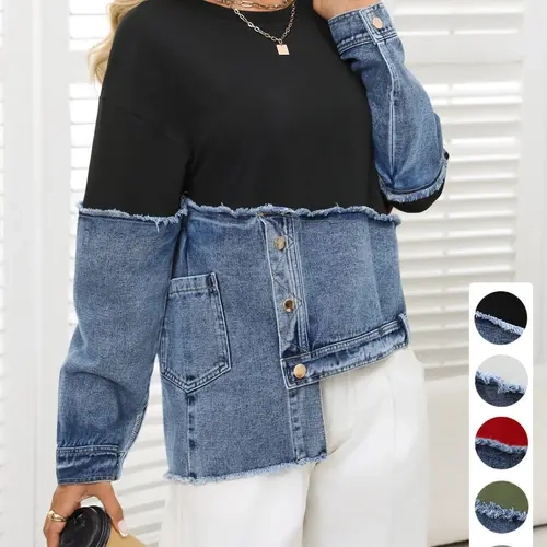 Women's Colorblock Patchwork Sweatshirt, Frayed Edge Asymmetrical Lapel Hem Round Neck Long Sleeve Loose Fit Top with Pockets, Spring & Fall Daily Wear