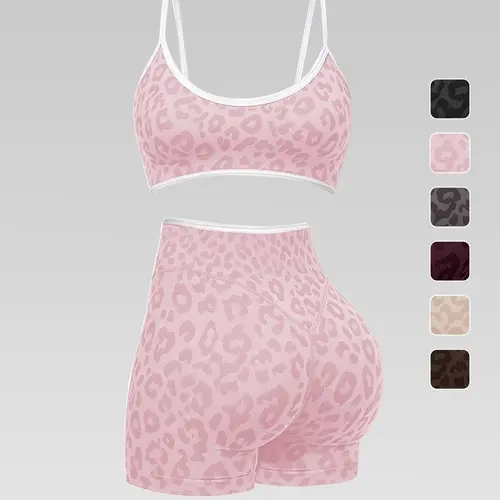 Women's Leopard Print Color-Block Seamless Bra and Shorts 2-Piece Set, Workout Exercise Clothing, Spaghetti-Strap Adjustable Cami Bra & High-Stretch Butt-Lifting Shorts, Moisture-Wicking Breathable Knit with Removable Pads