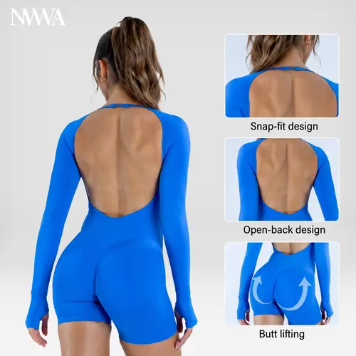 Women's High-Stretch Long Sleeve Solid Color Jumpsuits - Fitted Cut Yoga Gym Outfit with Tummy Control, Butt-Lifting Built-in Pads, Gym Clothes Women Shapewear Unitard for Fitness