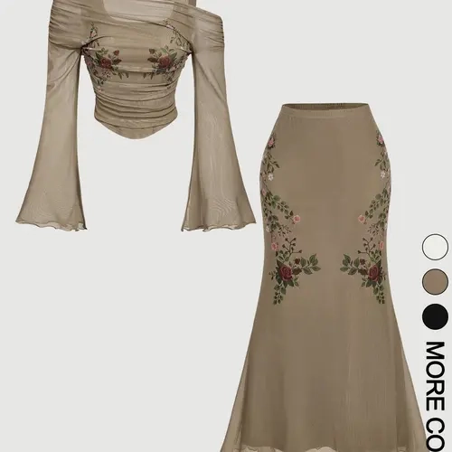 Women's Two-Piece Embroidered Set, Short Top + High-Waisted Fish Tail Skirt, Vintage Slim Fit, Perfect for Dates, Afternoon Tea, Weddings, Top and Skirt Set