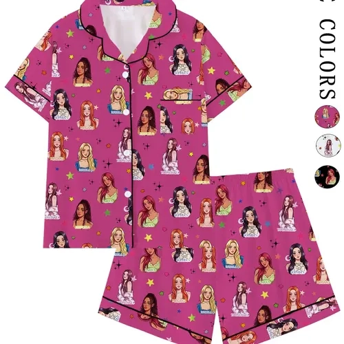 Women's Korean Style Cartoon Print Pajama Set, Short Sleeve Open Front Two-Piece Sleepwear, Casual Everyday Loungewear, Loose-Fitting Casual Home Clothes, Gift for Fans
