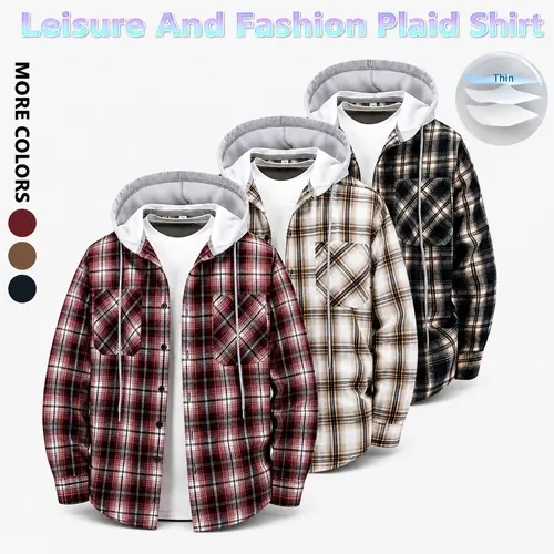 Men's Loose Casual Plaid Hooded Shirt, Long Sleeve Button Front Shacket, Autumn Menswear Fashion, Checked, Longsleeves, Flannel, Stylish, Plaid s, Hooded Plaid Flannel Shirt