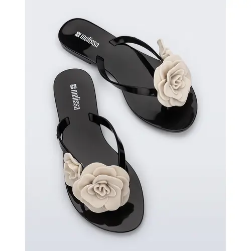 Melissa Women's Harmonic Petals Synthetic Casual Flat Shoes - Open Toe Slip-On Thong Flipflop with Bold Flowers, Embellished Trim, Dressy Casual Footwear for Women