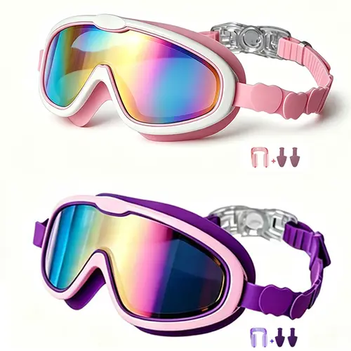 Sharkite 2-Pack Silicone Swim Goggles Set for 3-15 Age Boys Girls, 180-Degree Shatter-Resistant, Anti-Fog, UV-Protective, Waterproof, Adjustable High-Elasticity Strap, Quick-Fit Buckle, Ear Plugs & Nose Clips