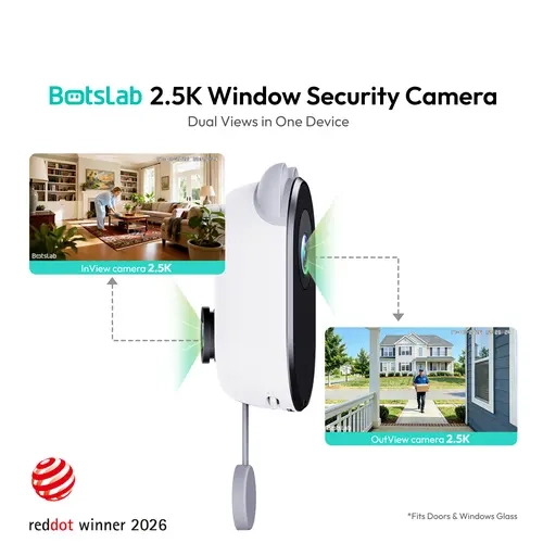 BOTSLAB 4MP Dual-Lens Wireless Indoor Window Camera - No-Drill Smart Gadget, 2560 x 1440 TrueColor Night Vision, Anti-Glare, AI Detect, 24/7 Recording, App Alerts, 5GHz-2.4GHz Wi-Fi, Easy Install, Door Glass Fit, Security Systems, Window Cameras For Home
