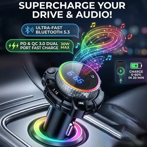 Nuokaiqi Bluetooth Car Adapter - HiFi Bass, PD Fast Charge, Stable BT 5.3 FM Transmitter, PVC Material, Dual USB Ports Wireless Charger, RGB LED Light, Hands-Free Calls, Support TF Card/U Disk