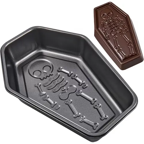 10-Inch Nonstick Food Grade Carbon Steel 3D Coffin-Shaped Cake Tin - Skeleton Gothic Bakeware with Durable Construction, Heat Resistant for Halloween Desserts, Home Bakers (3D Shaped, Carbon Steel Cake Tins)