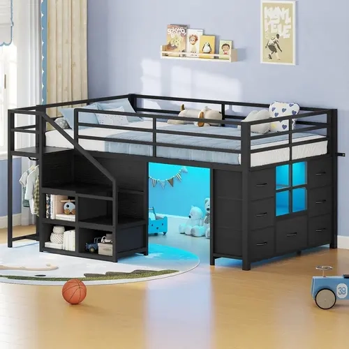 Sikaic Twin Low Loft Bed with Stairs & LED Lights, Kids Loft Bed with 7 Storage Drawers, 3 Open Cubbies & Clothes Rail, Twin Size Metal Loft Bed with Safety Guardrail, Space-Saving Bed Frame, Black, Home Furniture Christmas Gifts [TiktokShopFallDealsForYo
