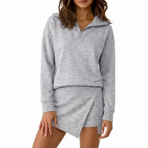 Fisoew Women's 2-Piece Casual Chic Set - French Terry Quarter-Zip Sweatshirt & Asymmetrical Skort, Matching Sets for Women