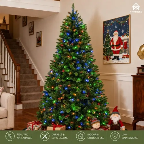 VIVATREES 6FT 7.5FT 9FT 12FT Pre-Lit Flocked Pine Classic Christmas Tree Warm White Color-Changing LED Lights Hinged Branches Pine Needles Metal Stand for Home Office Xmas Holiday Decor
