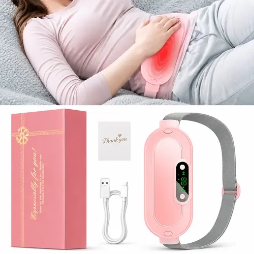 Wireless Heating Pad - Portable Cordless Graphene USB Recharge Belly Wrap with LED Display, 3 Temp Levels, 4 Massage Modes, Gift-Box Ready Self Care Products for Girlfriends, Daughters, Sleep Support (Pink)