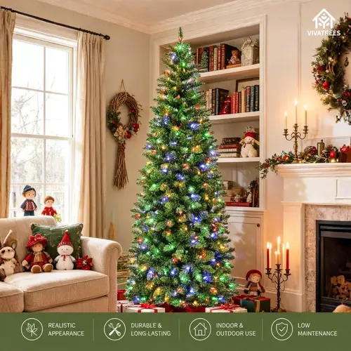 VIVATREES 6FT 7.5FT Pencil Slim Pre-Lit Artificial Christmas Tree Color-Changing LED Lights Hinged Branches Snow Flocked Pine Needles Metal Stand for Home Office Xmas Holiday Decor