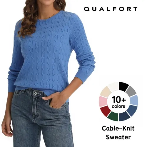 QUALFORT Women's Knit Pullover Top - Long Sleeve Crew/Round Neck, Soft Viscose Blend Loose-Fit Pull On, Business & Everyday Wardrobe Staples, Lightweight All-Season Top (Check Size Chart)