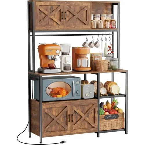 Huuger Large Bakers Rack with Power Outlet, Kitchen Microwave Stand with Cabinets, Coffee Bar Table Station with Storage, 6 S-Shaped Hooks, Mesh Shelves, 45 Inch Wooden Top, Rustic Brown