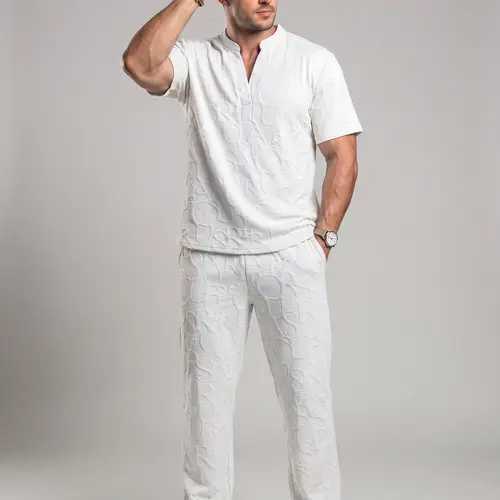 KZZ Menswear Men's 2 Piece Sets - Textured Short-Sleeve Notched Neck Letter-Embossing Tee, Regular-Fit Elastic Drawstring Cinch-Ankle Pants Matching Clothes for Multiple Seasons