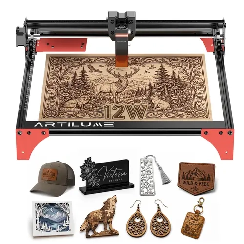 ARTILUME K4 12W Laser Engraver & Cutter, 400×400mm Large Workspace, 0.06mm Ultra-Precise Engraving, High-Speed Performance, No App, for Wood, Metal, Acrylic & Fabric, Personalized Gifts, Crafts & Large Projects