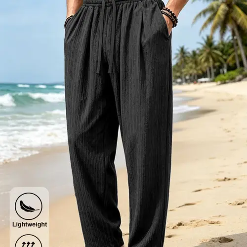 Men's Straight Loose-Fitting Casual Streetwear Pants - Quick-Dry Polyester, Elastic Drawstring High Waist, Lightweight Breathable Textured Look, Wrinkle-Free, Side Pockets, All Seasons, for Summer Vacation, Travel, M