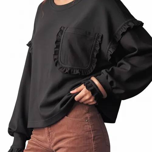 Shewin Women's Polyester Sweatshirt, Round Neck, Ruffle Trim, Long Sleeve, Flounce Pocket, Baggy Oversize Loose Everyday Casual Pullover with Soft Fabric