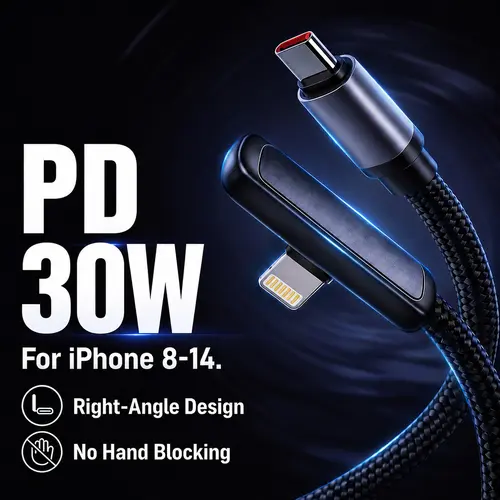 PD30W Right Angle Lightning Durable Braided Nylon Fast Charging Cable (3.3ft/6.6ft) with 33W Combo, 20W-30W PD Boost, Hands-Free Play for iPhone 8-14 Pro Max, iPad, AirPods, Mobile Electronic Devices, Back to School Use, PD30W Speed Charger Accessory