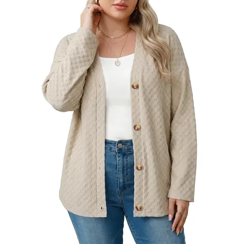 Eytino Womens Plus Size Checkered Brushed V Neck Button Front Loose Cozy Sweater Cardigan (1X-5X) Long Sleeve Knitwear