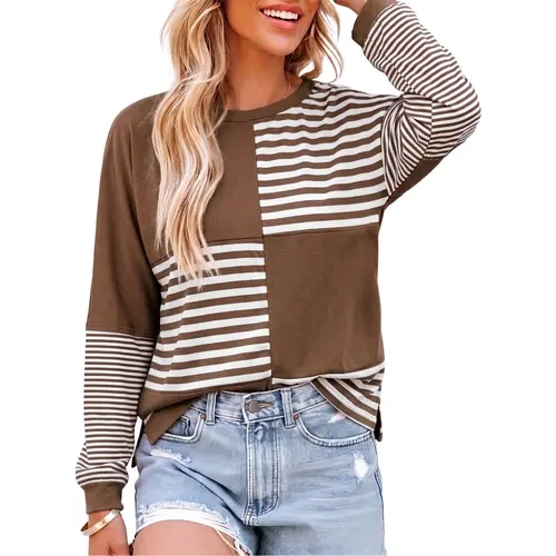 EVALESS Women's Essential Long Sleeve Tee - Casual Fashion Knitwear, Color Block Striped Print Patchwork, Loose Oversized Crew Neck, Breathable Lightweight Cotton, Striped Cotton Blouses & Shirts, Cargo Denim Fabric Tops