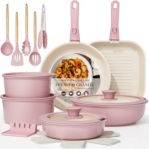 Astercook Official 23pcs Thermal Aluminium Pots and Pans Set - Detachable Bakelite-with-Silicone Handle, Non Stick Ceramic Coated, PFOA-Free Nontoxic, Easy-Clean Anti-Adhesive Cookware Set with Saucepans, Steamer, Silicone Shovel, Spoon for RV Kitchen