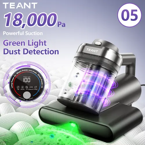 Teant 05 Handheld Anti-Dust Mite Mattress Vacuum Cleaner, 18kPa Suction, 33000 RPM Tapping, Dust Sensor, Green Light Detection, UV-Ultrasonic Removal, Aroma Odor Refresh Tablet, 99.97% HEPA Filter, 5-Meter Cord, 4.18lbs, for Bed, Sofa, Baby Crib,sohochic